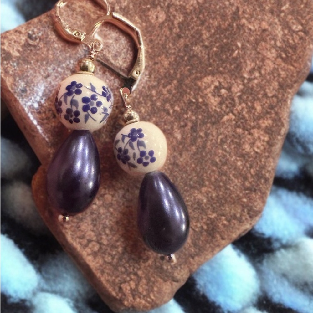 Classic Vintage Floral and Blue Drop Earrings